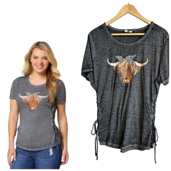 Cato Gray Highland Cow w/ Bandana Laces Up Sides Gray Graphic Tee  Size XL - Picture 1 of 16